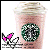 Animated sequence showing a Starbucks coffee cup with green logo and pink bow on black-and-white figure, where the bow shifts position across frames.