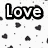 Black and white pixelated image with three instances of the word 'Love' and scattered heart shapes on a white background.