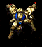 Pixelated mecha icon with golden limbs, blue chest core, and red accents on black background; two views show different limb positions.