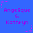 Blue background with repeated pink text 'Angélique & Kathryn' and pink star-shaped pixel art elements in corners and edges.
