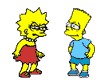 Yellow-skinned cartoon characters in red dresses and blue shirts stand in a , some with skeletal outlines and varied expressions