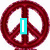 Red peace symbol with cyan vertical bar over center, rainbow-colored peace symbol with 'Love' text, and patterned background with 'peace' text.