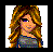 Pixel art of a female character with long wavy blonde hair, blue eyes, and gray off-shoulder top showing midriff, paired with dark shorts and thigh-high boots.