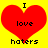 Two identical pixelated red hearts on a yellow background with black text reading "I love haters" above and below the heart.