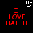 Pixelated red text "I LOVE HAILIE" on black background with white heart symbol above, two identical static frames side-by-side.