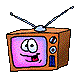 Brown television set with silver antennas and blue control buttons, displaying various pixelated scenes including cartoon faces, news anchors, static patterns, and 'TID' text.
