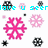 Pixelated snowflakes and text in cyan, pink, black, white, and gray on a white background with a gray rectangle.