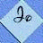 A 48x48 pixel animated buddy icon featuring a stylized lowercase 'j' and 'o' in black script on a light blue diamond-shaped background with subtle gradient, displayed as two sequential frames showing slight animation movement.