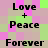 Pixelated text 'Love + Peace' and 'Forever' arranged in a on a checkered background of pink, green, and beige squares