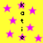 Yellow background with scattered purple stars and vertical black text reading "Katie" on both sides.