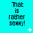 Cyan background with repeated black pixelated text "That is rather senny!" in three , scattered white star-like and dot-shaped pixels