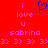 Red background with pink text and blue heart symbol, displaying 'i love u sabrina' repeated twice horizontally with multiple '3>' symbols below.