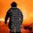 Pixelated figure in dark clothing stands against warm orange and yellow gradient background with red lower section.