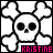 Pixelated skull icon with crossbones and pink text 'KRISTINE' on left, same icon with white text on right.