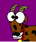 Pixelated cartoon goat with brown spotted fur, green horns, and red collar against purple background; eyes shift from wide to narrowed expressions.