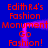 Blue background with red text repeating 'Edith R4's Fashion Monument Go Fashion!' in a pattern, with a purple glowing outline of a 'T' shape