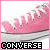 Animated sequence of pink Converse All Star sneakers with white laces and gray rubber soles, transitioning to static star-and-arrow icons.
