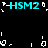 Pixelated cyan text 'HSM2' appears in four positions on a black background with scattered white pixel fragments, forming an animated pattern.