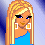 Pixelated character with long blonde hair, blue one-shoulder top, and turquoise ankle strap; partial view of torso and legs on gradient background.
