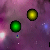 Pixelated static image with two large circular shapes on a purple gradient background, one green and one yellow, with small scattered light spots.