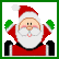 Pixelated Santa Claus figure with raised arms, green mittens, red suit, white beard, and hat against gray background; adjacent text reads "merry X-mas" in red block letters.