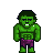 Pixelated green-skinned figure with dark hair, muscular build, purple pants, and a single white tooth visible in its mouth against gray background.