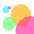 Pixelated composition of overlapping colored circles in cyan, green, yellow, red, and pink on white background.
