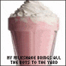 A pink milkshake with whipped cream in a glass, text below reads 'BY MILKSHAKE THINGS ALL THE BOYS TO THE YARD' on both frames.