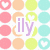 Pixelated grid of pastel-colored circles and heart shapes surrounding a central purple 'ily' text on white background.