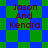 Two identical pixelated text blocks reading "Jason And Kendra" appear on a blue and green checkered background with diamond-shaped green
