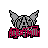 Pixelated icon with gray mechanical wings and red text, showing sequential blue light effects