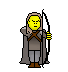 Pixelated character with yellow face and brown boots holds bow, arrow, or staff in various poses