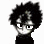 Pixelated black-and-white avatar with spiky hair, two distinct facial expressions, and a dark top against a white background.