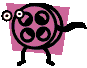 Pixelated pink film reel character with black limbs and eyes, standing on a gray background in three distinct poses.