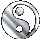 A grayscale yin-yang symbol in various 3D-rendered states, showing different angles and rotations of the circular design.