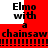 Pixelated red background with black text "Elmo with a chainsaw" repeated across four , showing partial white and black horizontal bars beneath the text in different positions