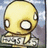 Pixelated yellow cartoon head with large white eyes and a small mouth, holding a sign with unreadable text against a blurred background.