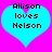 Two cyan hearts on a bright pink background with black pixelated text reading "Allison loves Nelson" inside each heart.