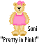 Pixelated teddy bear in pink dress with pearl necklace and bow, standing against gray background.