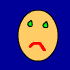 Blue background with multiple yellow sad face icons and Spanish text fragments including 'est estas tas triste?', 'por que?', and 'visita la seccion de chick'.
