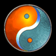 Nine circular icons display a yin-yang symbol with orange and teal sections, white and blue outlines, and small orange or blue dots, arranged in a on black background