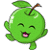 Pixelated green apple-shaped cartoon character with closed eyes, pink mouth, and brown stem on white background.