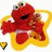 Red character with large eyes and open mouth inside yellow star-shaped border, waving arms in different positions