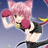 Pixelated anime-style character with pink hair and red hair accessories, wearing a black and white outfit with yellow accents, holding a yellow object against a blue gradient background.