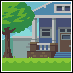 Pixel art of a blue house with white columns, green tree, and grassy yard under light blue sky.