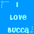 Blue background with repeated pixelated text 'LOVE' and 'BUCCA' in light blue, surrounded by small white stars and dotted lines.