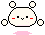 Pixelated white bear-like character with red cheeks and black eyes, shown in six sequential poses on gray background with pink cloud shapes.