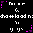 Pixelated text and symbols on a black background with repeated 'Dance & cheerleading & guys' text and pink star accents.