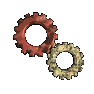 Three red and beige gear icons arranged in a on gray background, each pair showing slight positional shifts