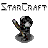 Pixelated character holding a pencil-like object with a circular head, repeated in a pattern with 'StarCraft' text above each